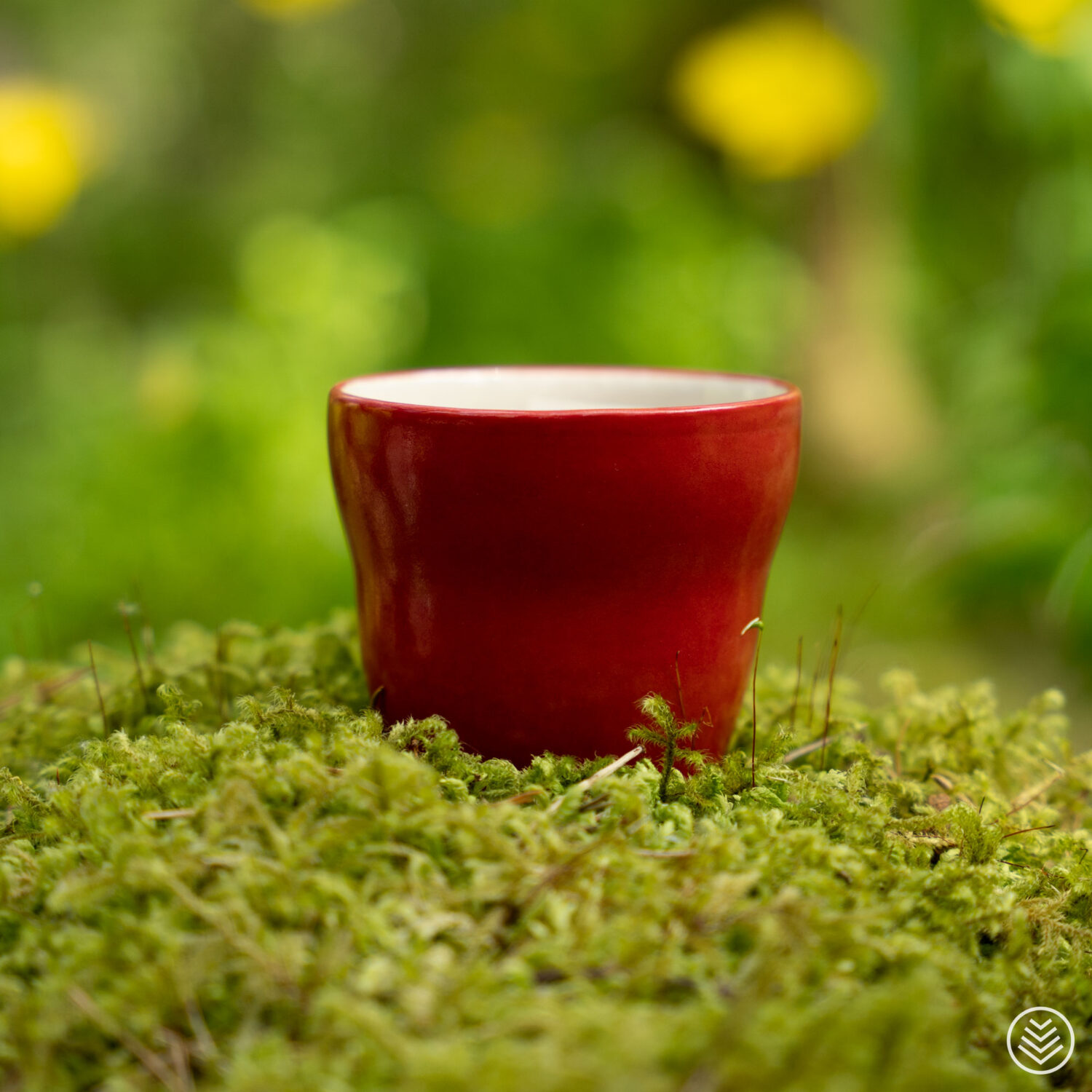 Rød kopp uten hank i natur